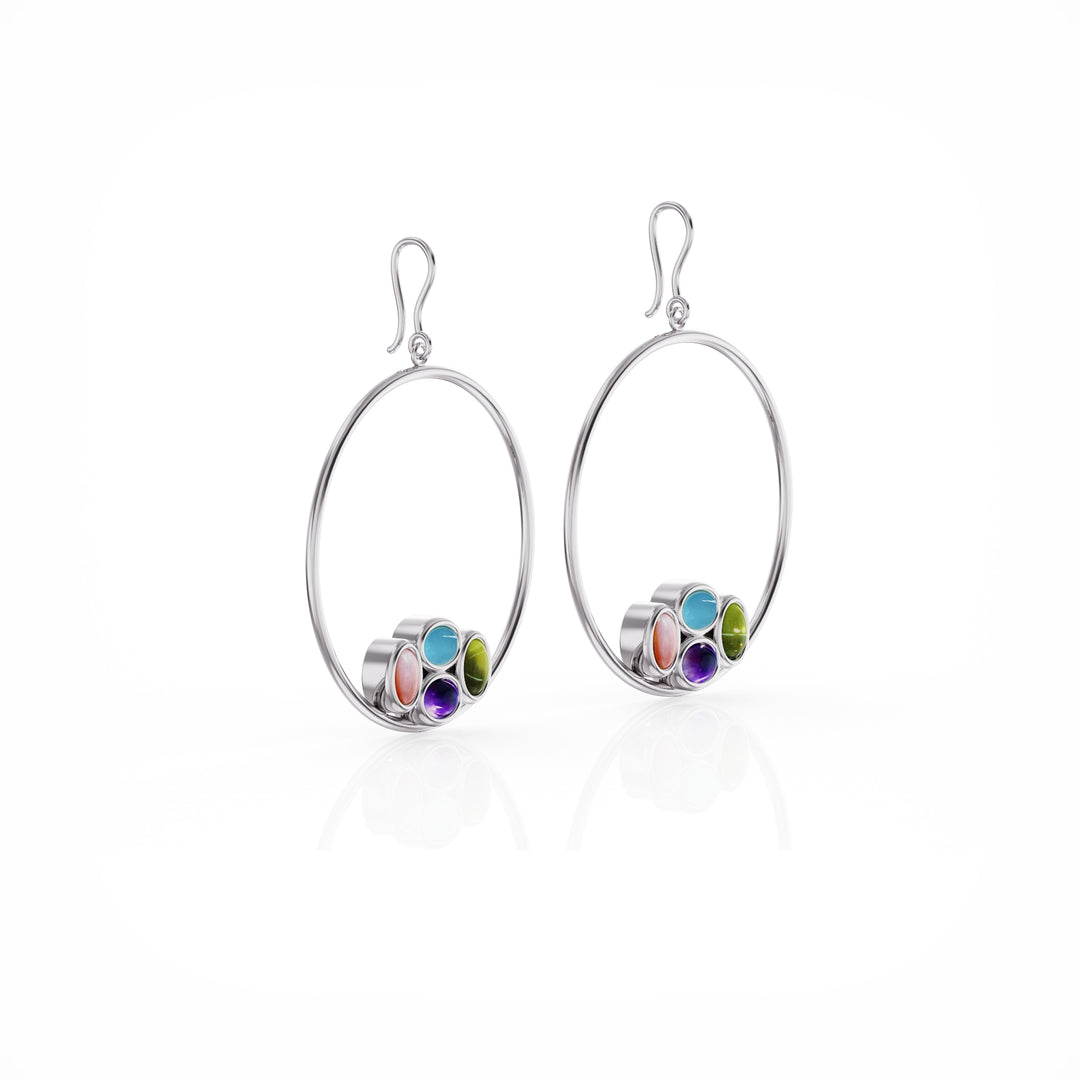 Bauble silver hoop earrings with precious gemstones
