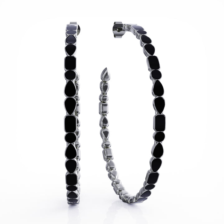 Adeline silver hoop earrings,  black enamel