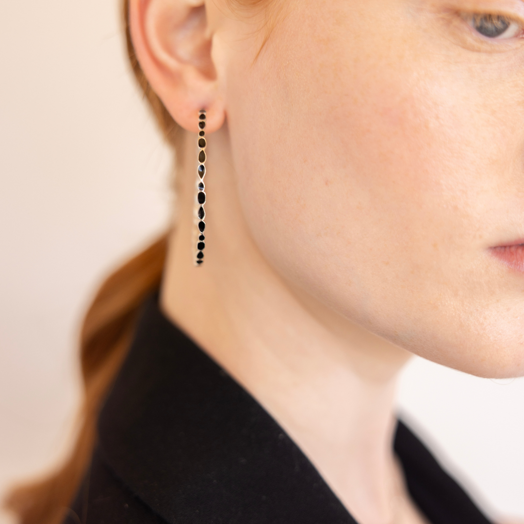 Adeline silver hoop earrings,  black enamel