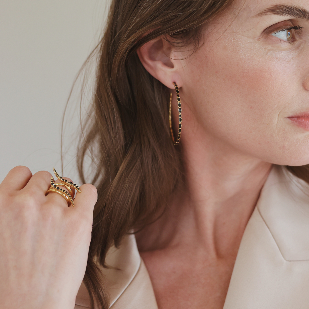 Adeline 18k gold vermeil hoop earrings, black enamel