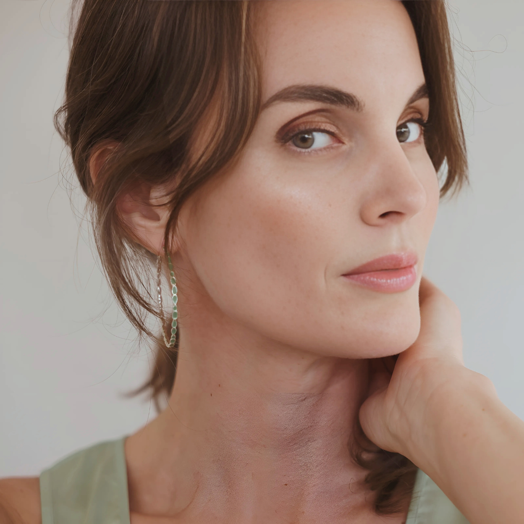 Adeline silver hoop earrings, green enamel