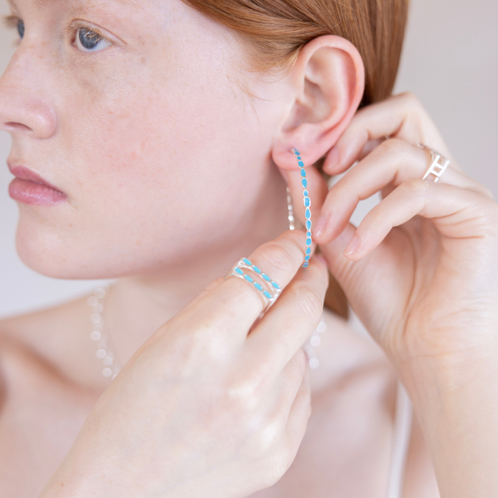 Adeline silver hoop earrings, turquoise enamel