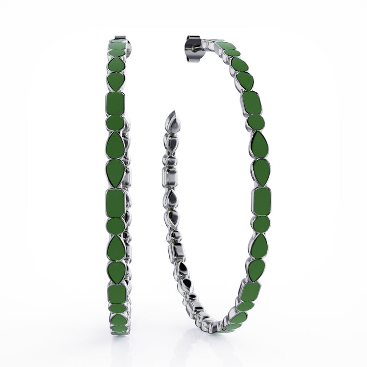 Adeline silver hoop earrings, green enamel