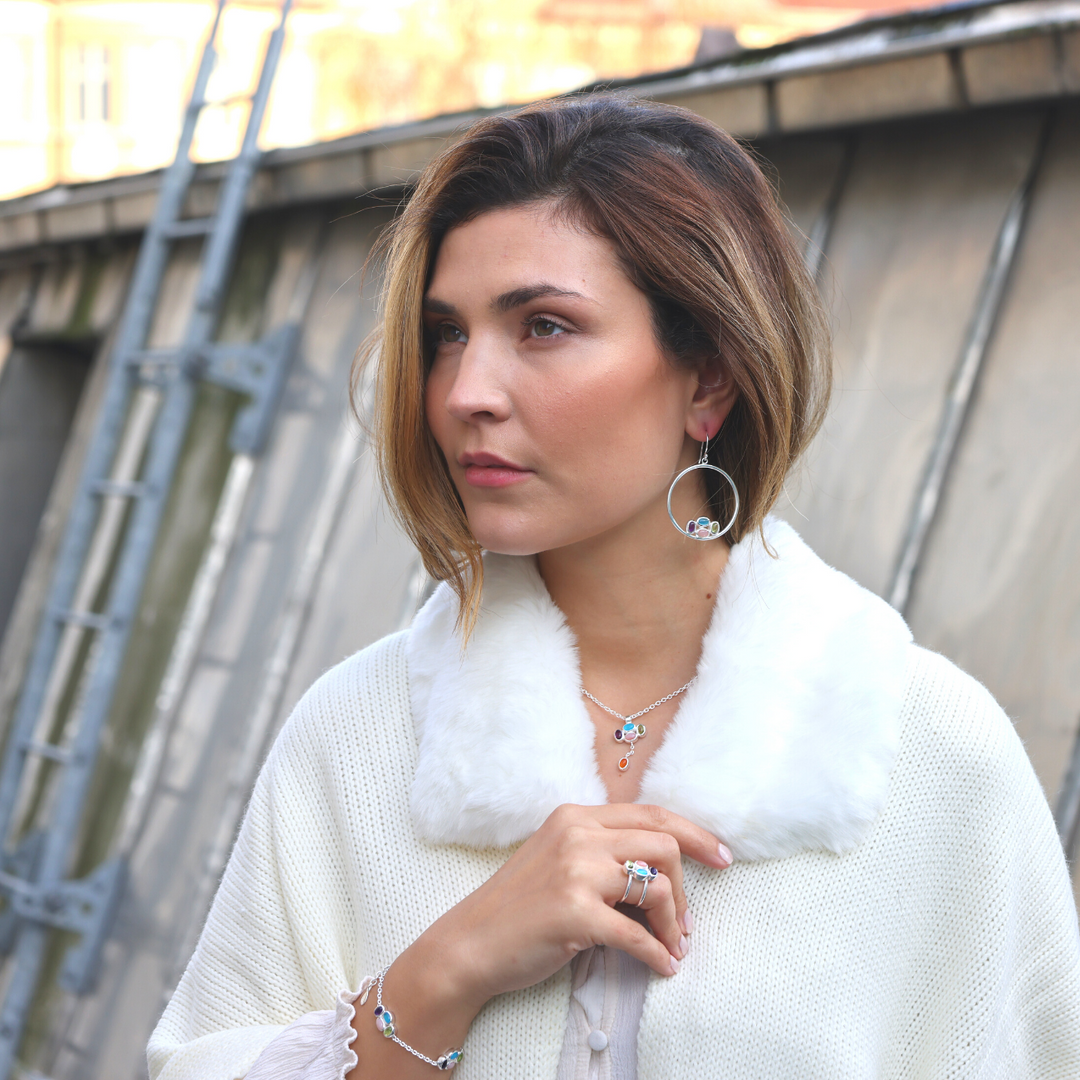 Bauble silver hoop earrings with precious gemstones