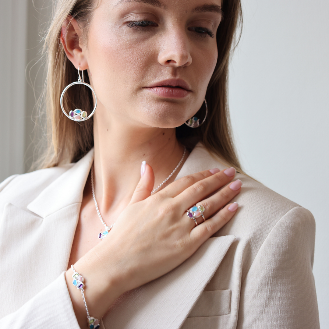 Bauble silver hoop earrings with precious gemstones