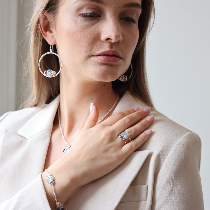 Bauble silver hoop earrings with precious gemstones
